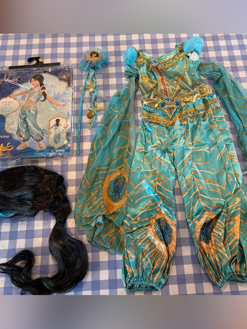 Disney Aladdin Jasmine princess costume small size 4-6 wig wand and jumpsuit